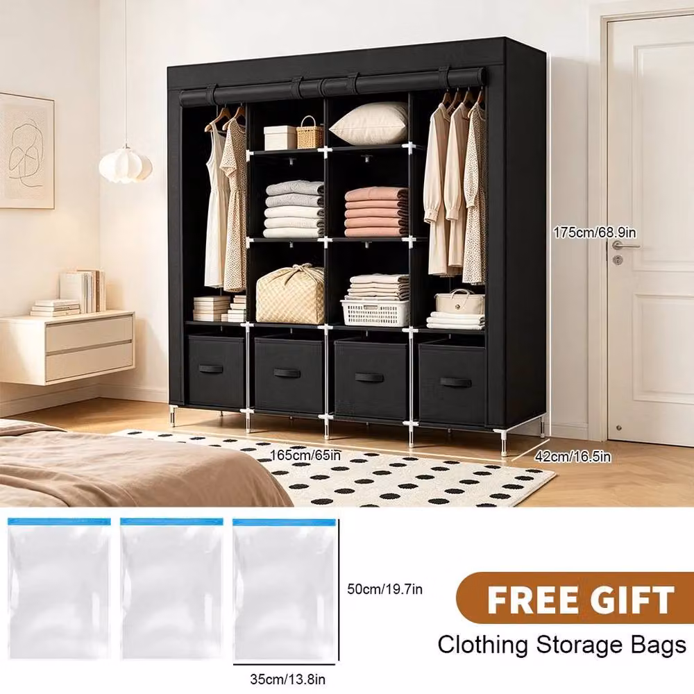 FORGEVIO Modern Black Fabric Canvas Wardrobe with Roll Shutter and Hanging Rod – 4