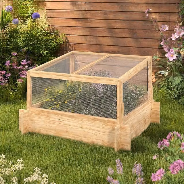 STILVORA Greenhouse Planter Box with Openable Roof in Brown and Sand Wood and Polycarbonate W/D/H: 98.0 x 53.5 x 53.5 cm