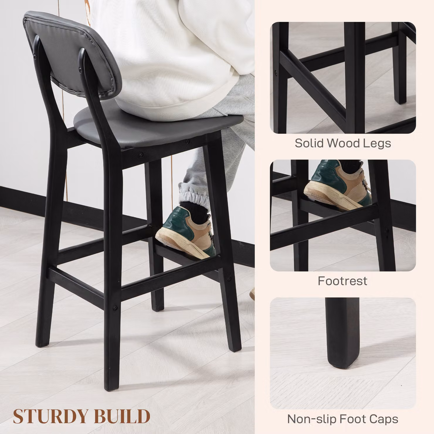 HOMCOM Set of 2 Modern Faux Leather Upholstered Breakfast Bar Stools with Backs and Wood Legs in Dark Grey – 6