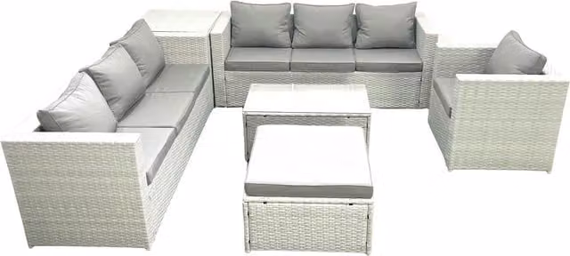 Fimous Rattan Garden Furniture Set in Light Grey with 3-Seater Sofa, Armchair, Ottoman, and Coffee Table