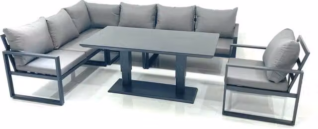 Fimous Aluminium Outdoor Garden Furniture Set with Corner Sofa, Chairs and Adjustable Rising Lifting Dining Table in Dark Grey