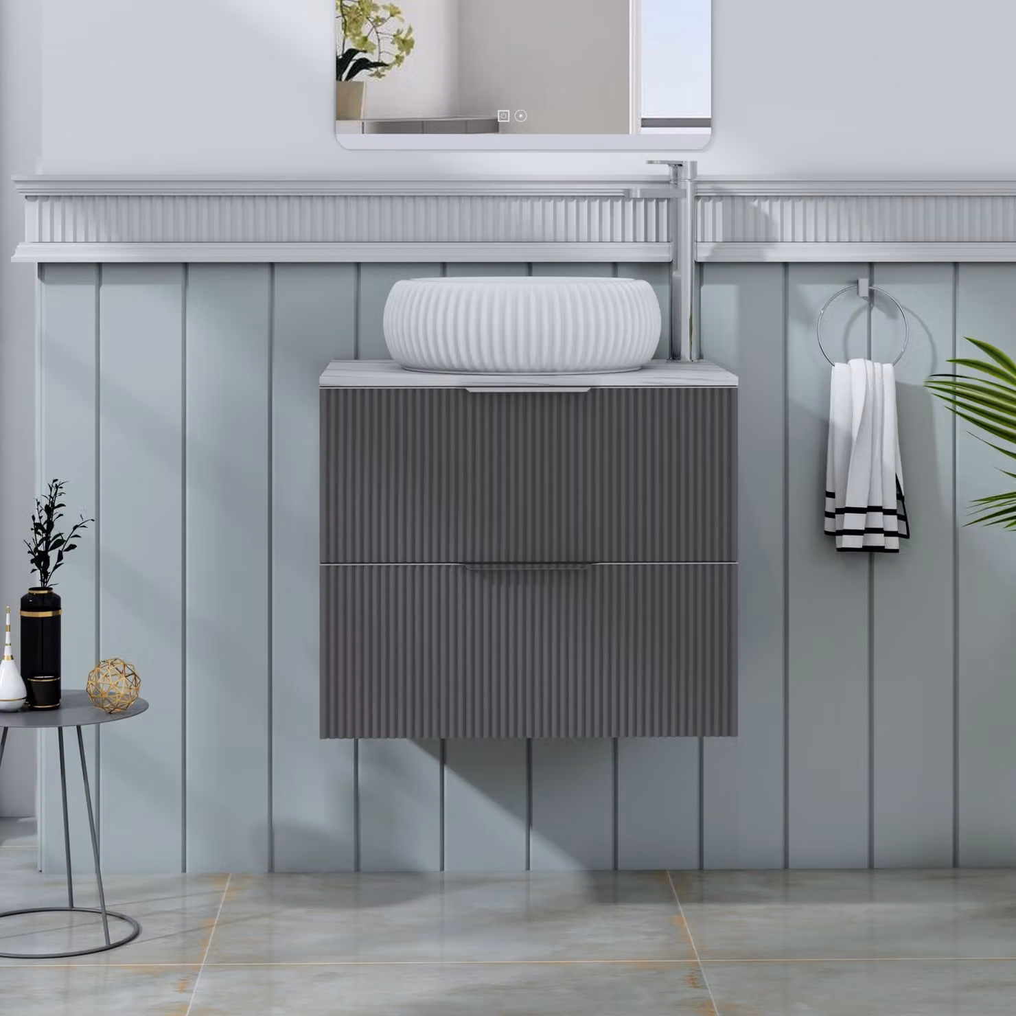 Royal Bathrooms Evora 600mm Graphite Grey Fluted Wall Hung 2 Drawer Vanity Unit with Milan Basin