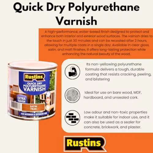 Rustins Quick Dry Polyurethane Varnish Satin Ebony 500ml, Water-Based Opaque Black Finish for Wood – 4