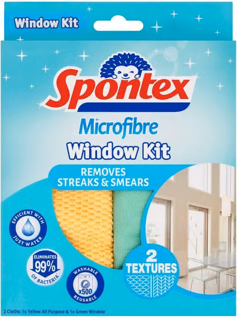 Spontex Microfibre Window Kit with Two Yellow Cloths