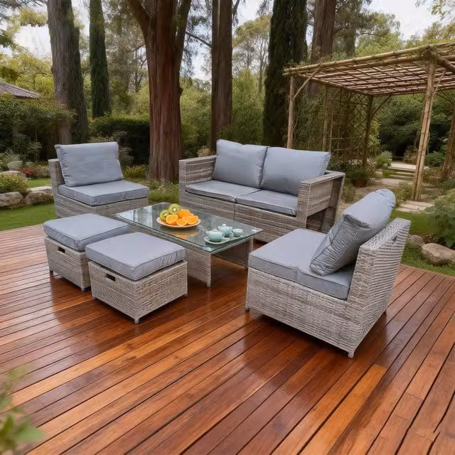 FURNITURE ONE 7 Piece L-Shape PE Rattan Garden Sofa Set with Glass Coffee Table in Grey