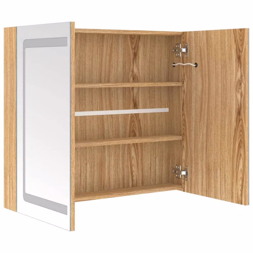 Berkfield Home LED Bathroom Mirror Cabinet in Brown Oak with Glass Doors and Internal Shelves, W/D/H: 80 x 12 x 68 cm – 2