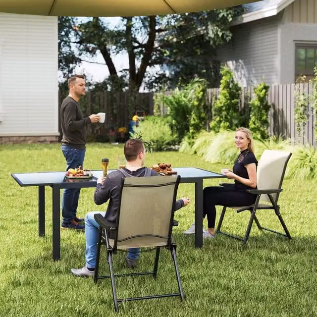 Outsunny Set of 2 Brown Folding Garden Chairs with Armrests and Textilene Fabric