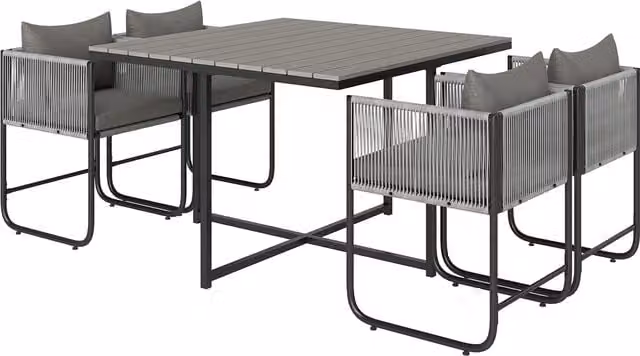 Outsunny 4 Seater Rattan Cube Garden Furniture Set with Cushions and Wood Grain Plastic Top Table in Grey – 1