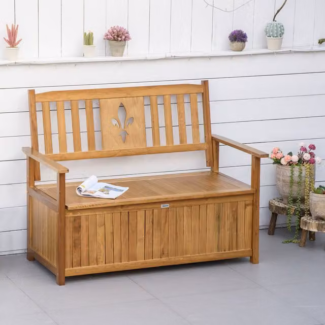 Outsunny 2 Seater Wood Garden Storage Bench in Natural Brown