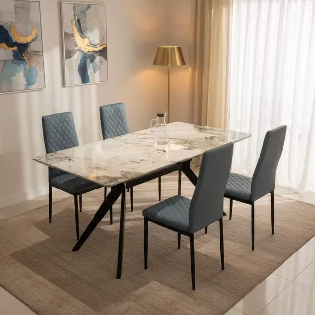 Outdoor Living San Diego Marble Top Dining Table and Emily Faux Leather Chairs Set in Grey and Black
