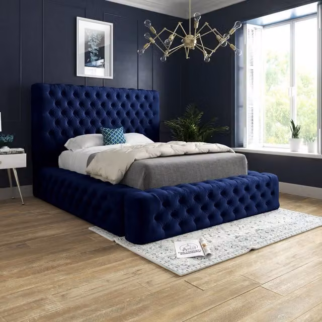 Casani Grand Milan King Size Upholstered Velvet Bed Frame in Blue, W/D/H: 180 x 201 x 137 cm – 1