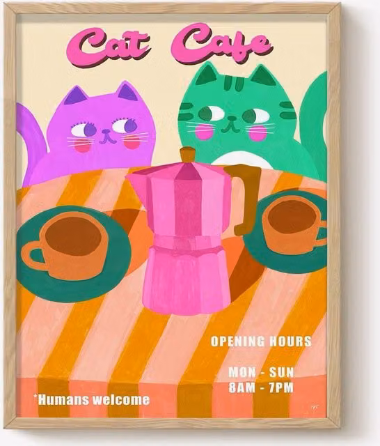 The Paper Tail Cat Cafe Colourful Coffee Art Print, Multicolour, A5