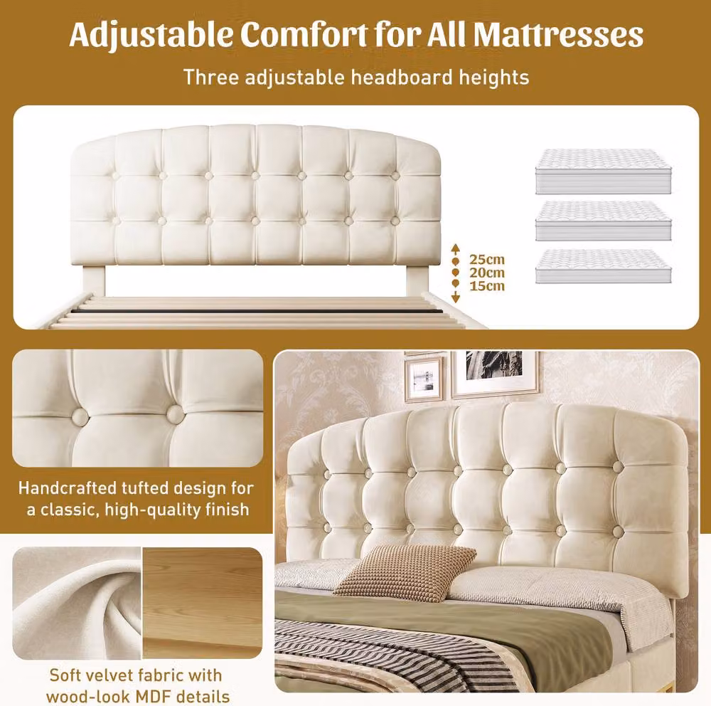 STILVORA Modern Upholstered Double Bed Frame with Storage Drawers in Beige Velvet Fabric, W/D/H: 140 x 200 cm – 3