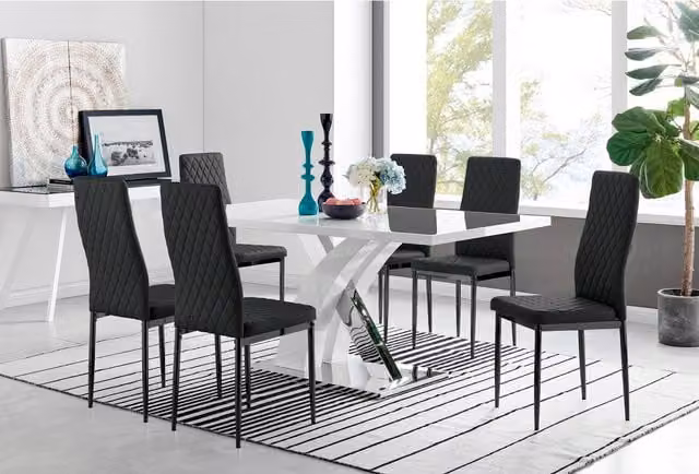 FurnitureboxUK Atlanta 6 White Rectangular Dining Table and 6 Milan Black Leg Chairs Set