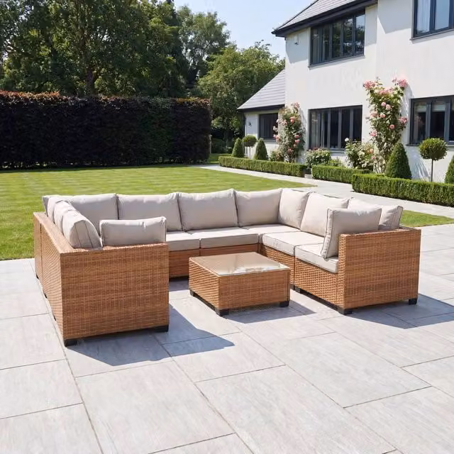 Artemis Home Saviano 8 Seat Modular U-Shaped Rattan Corner Set with Coffee Table and Ottoman in Sand and Beige – 1