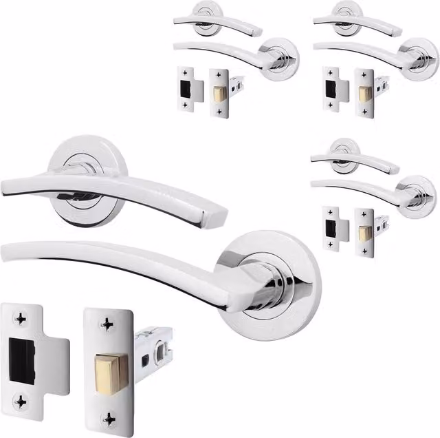 AFIT Polished Chrome Door Handle and Latch Set, 4 Pack, Silver, W/D/H: 15 x 15 x 1.5 cm – 1