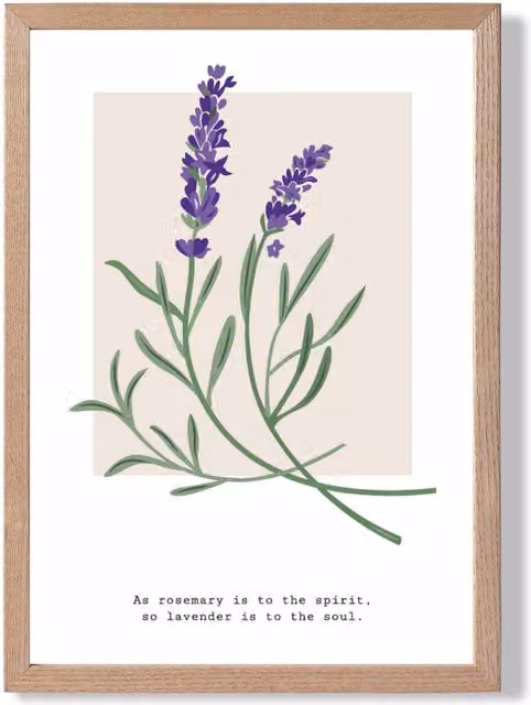 ARTZE Lavender Plant and Quote Flower Market Simplicity Framed Print, Purple and Green, Oak Frame, A4