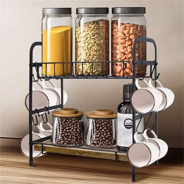 EONLION Black Metal Freestanding Coffee Mug Holder and Basket Rack with Shelf, W: 100 cm, H: 35.5 cm, D: 32 cm – 1