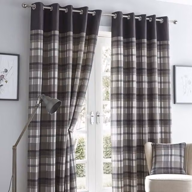 Portfolio Home Orleans Eyelet Curtains, Grey Checked, Pair, Width: 183 cm, Height: 168 cm