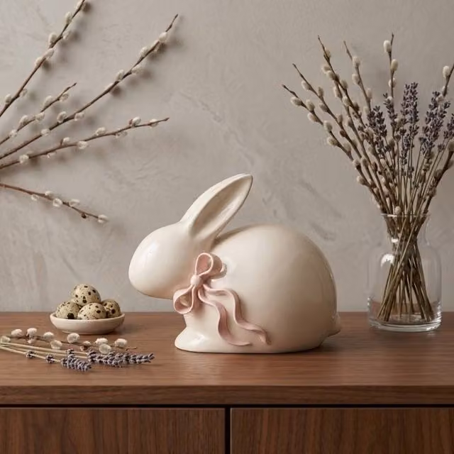 Garden Greatness Pink Bow Bunny Easter Ornament in White and Multicolour Ceramic