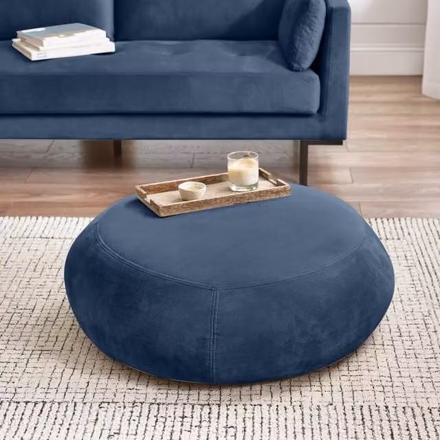 FurnitureboxUK Otis Round Soft-Touch Velvet Footstool in Navy Blue – 1