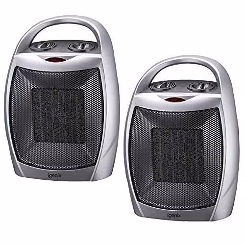 Igenix 1800W Ceramic Fan Heater with Tilt Protection and Cold Stage, Silver, Pack of 2