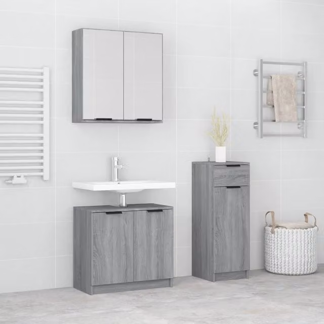 Berkfield Home 3 Piece Grey Sonoma Modern Wall Mounted Bathroom Cabinet Set