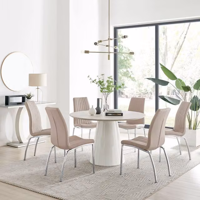 Furniturebox Palma Beige Stone Effect Round Dining Table and 6 Isco Chairs in Cappuccino