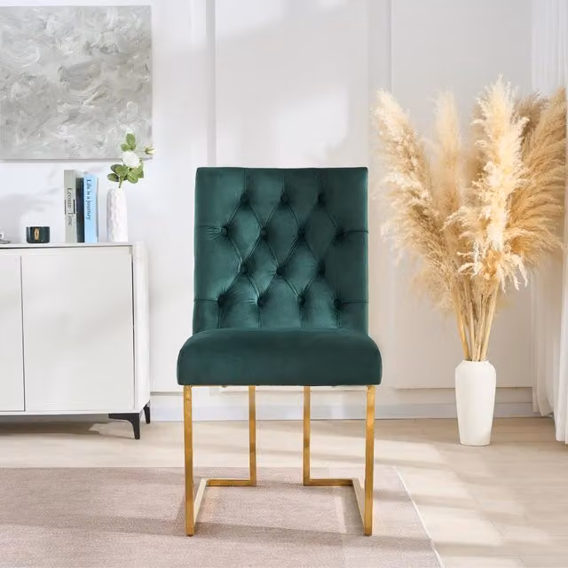 Life Interiors Siena Luxury Tufted Velvet Dining Chairs with Gold Metal Legs, Set of 2, Green