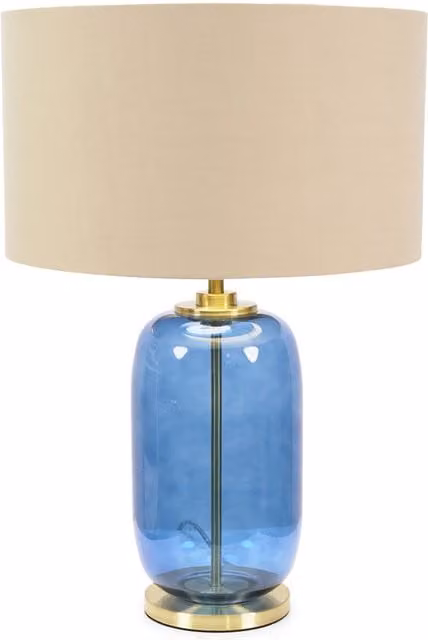 ValueLights Leigh Table Lamp with Beige Fabric Shade, Gold Brass Base and Navy Blue Glass