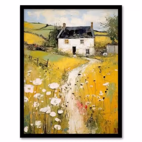 Artery8 Welsh Countryside Cottage Rolling Hills and Wildflowers Framed Oil Painting Art Print, Multicolour, W/H: 30.48 x 40.64 cm