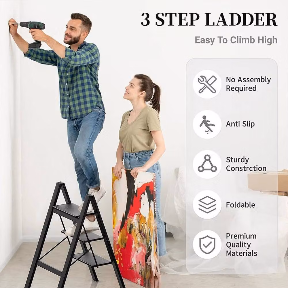 FLAVORA Black 3 Step Steel Folding Ladder with Rubber Feet – 4