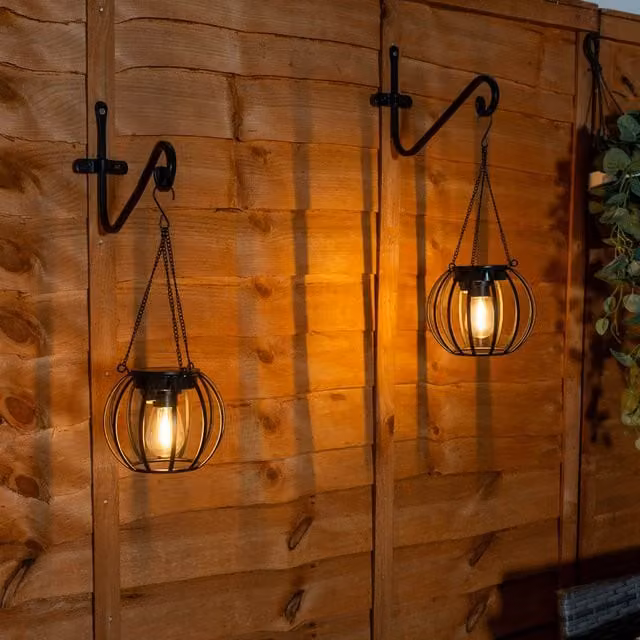 ValueLights 2 Pack Solar Powered Metal Ball Lanterns in Black with Warm White Light