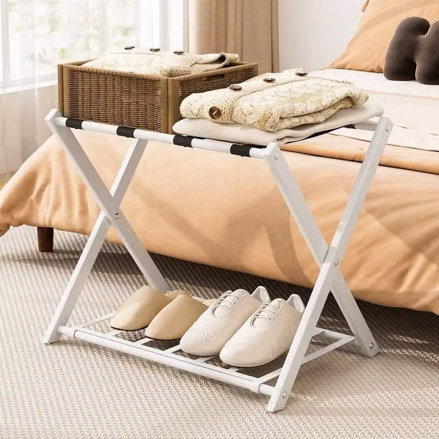VOGREX Folding Suitcase Stand Luggage Rack with Storage Shelf in White