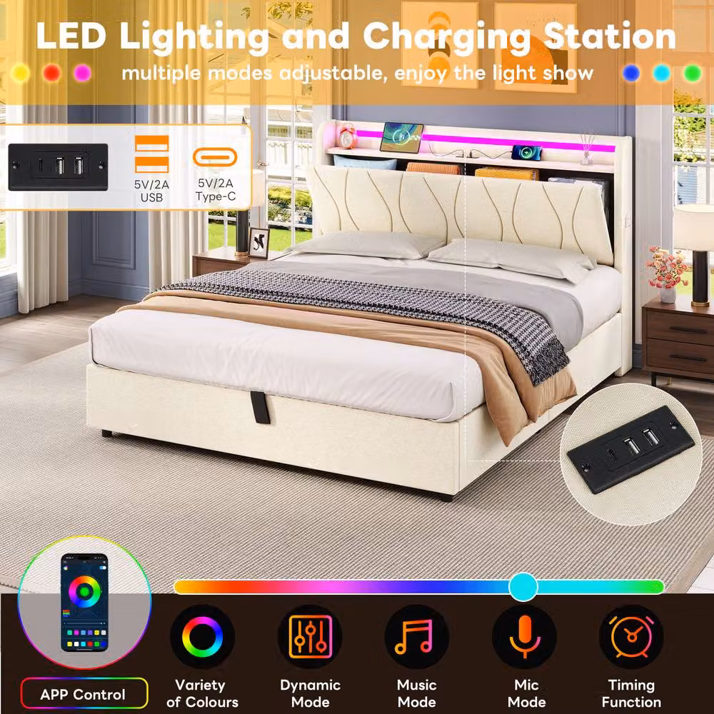 Rolipo Double Upholstered Hydraulic Storage Bed Frame with LED Lighting and USB Charging Port, Beige, W: 140 cm, L: 200 cm – 3