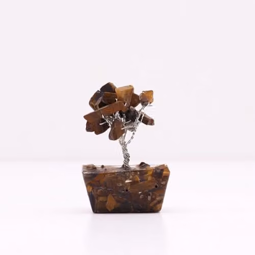 KDMD Mini Tigereye Gemstone Energy Tree with Orgonite Base in Brown