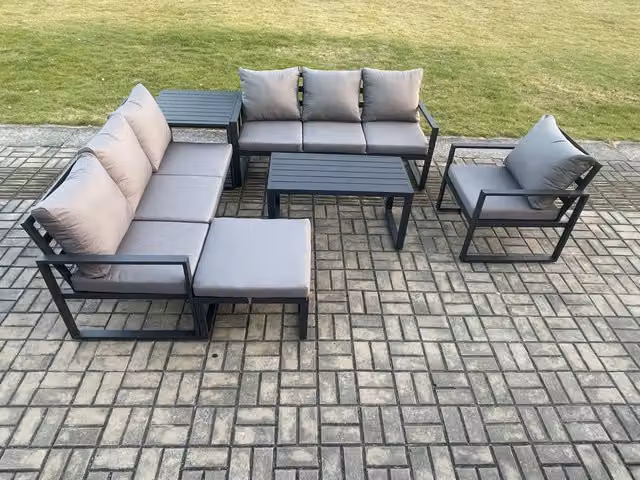 Fimous 8 Seater L-Shape Garden Furniture Set in Anthracite Grey with Powder Coated Aluminium Frame, Outdoor Sofa, Armchair, Coffee Table and Ottoman