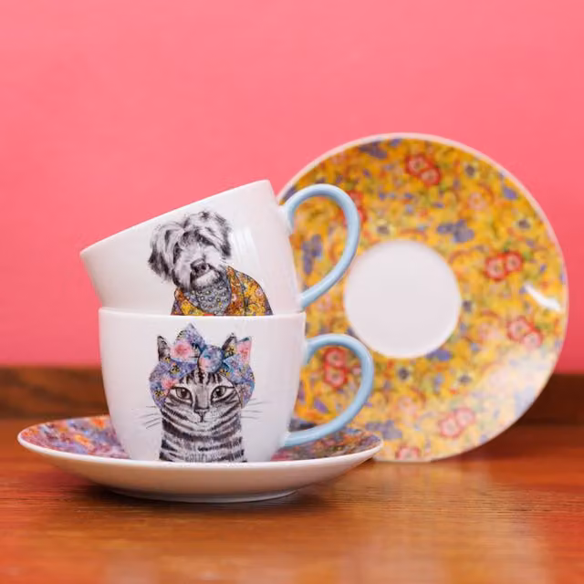 Mikasa Bone China Floral Teacup and Saucer Set of 2, White, 240ml per cup