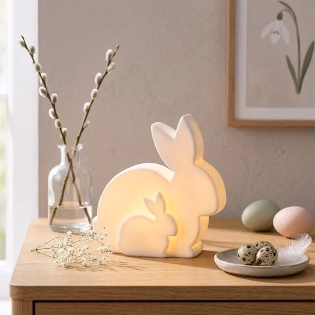 Garden Greatness White Ceramic Springtime Bunnies Light Up Tabletop Decoration