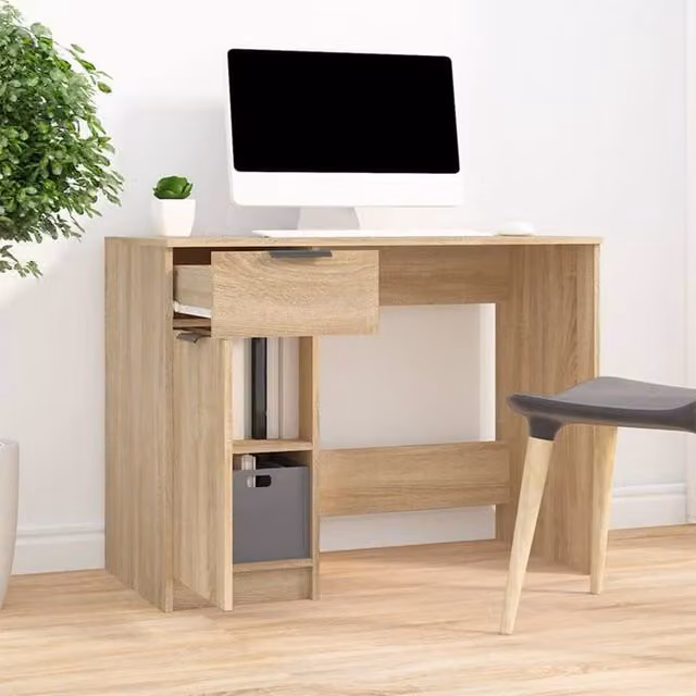Berkfield Home Modern Writing Desk in Sonoma Oak and Beige, W/D/H: 100 x 50 x 75 cm