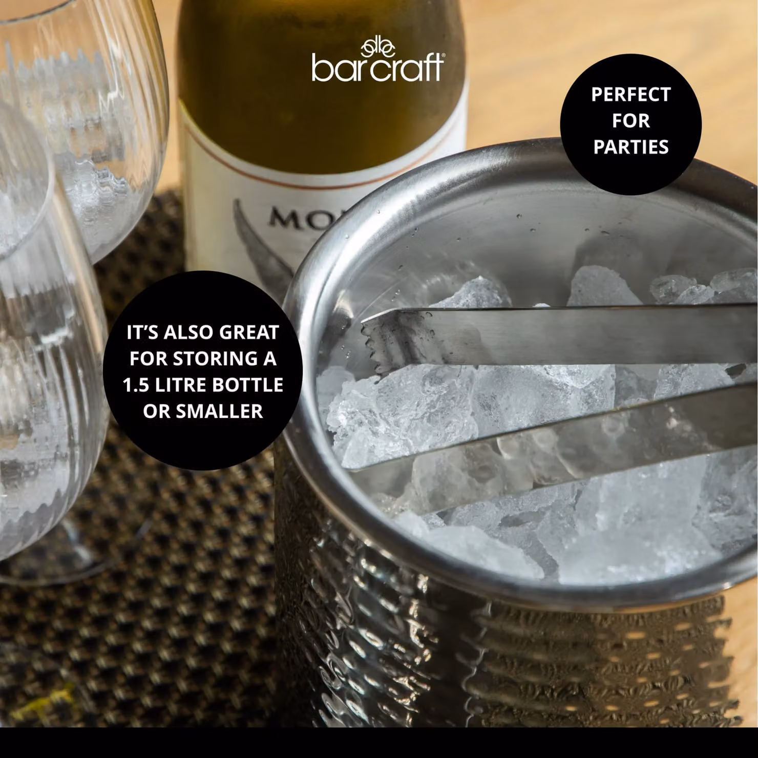 BarCraft Small Hammered Stainless Steel Ice Bucket with Lid and Tongs in Silver – 9