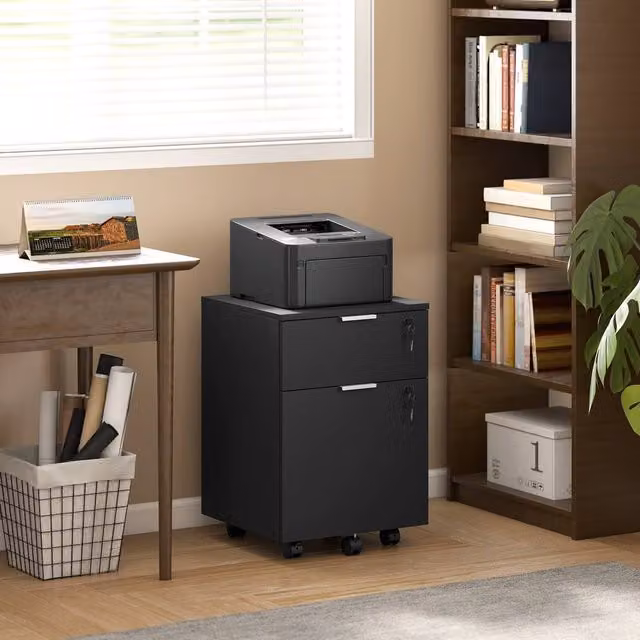 HOMCOM 2 Drawer Mobile Filing Cabinet with Lock and Castors in Black – 1