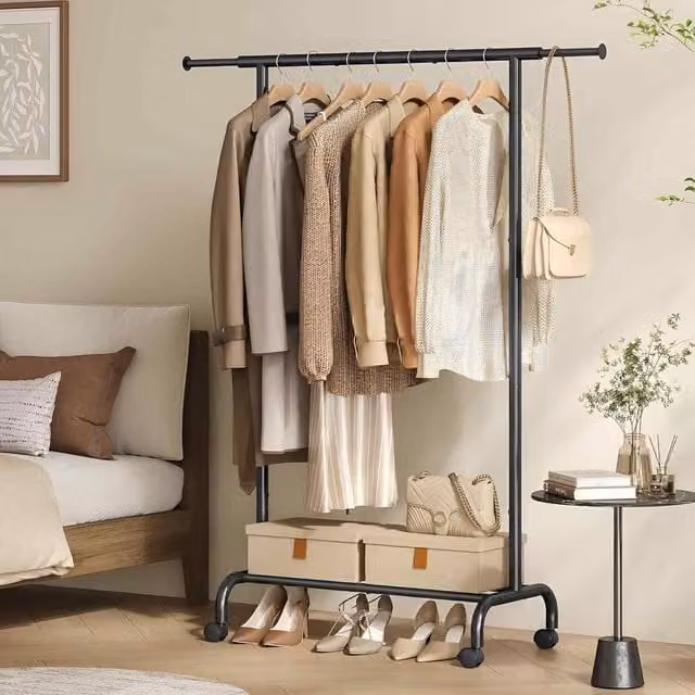 The Bazaarist Extendable Rolling Garment Rail with Wheels, Matt Black Metal – 1