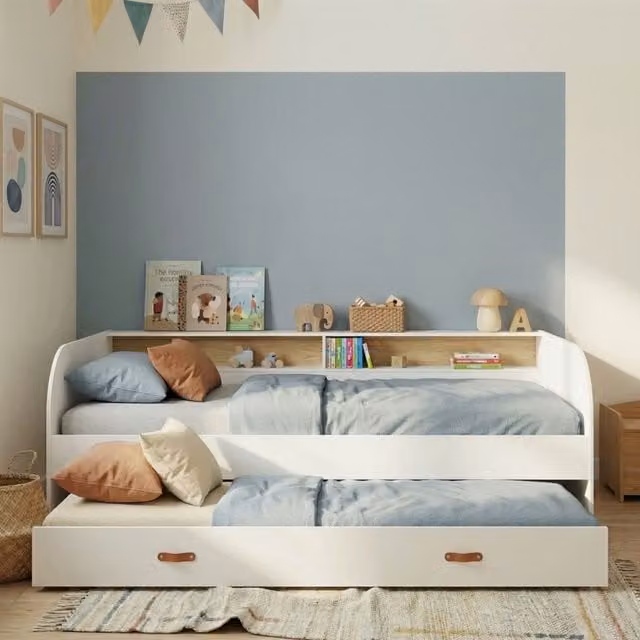 Noa and Nani Helene Day Bed with Pull-Out Trundle in White and Pine Wood