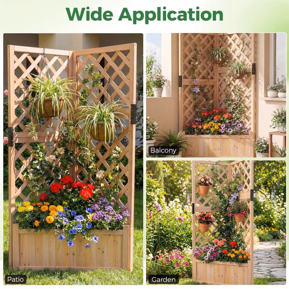 Costway Raised Wooden Garden Bed with Lattice Trellises in Brown, W: 140 cm, D: 100 cm, H: 63 cm – 7