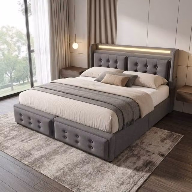 STILVORA Upholstered 4ft6 Double Bed with Storage, LED Lighting and USB Charging Port in Grey, W/D/H: 140 x 200 x 137 cm – 1