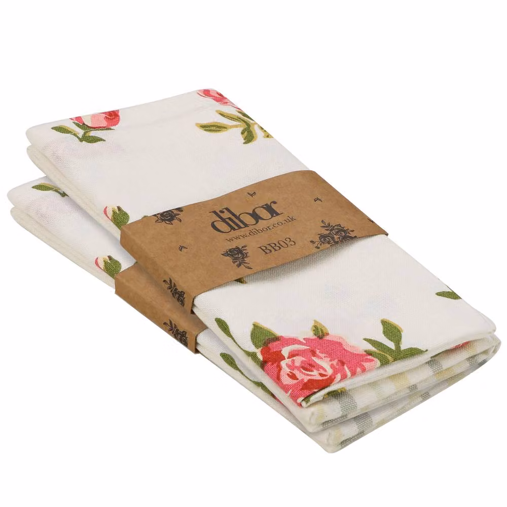 Dibor Set of 4 Pink Floral and Striped Traditional Cotton Kitchen Linen Napkins in Brown – 2