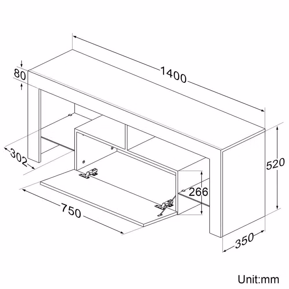 FORGEVIO Modern High Gloss LED TV Stand Cabinet in White, W: 140 cm, H: 52 cm, D: 35 cm – 1