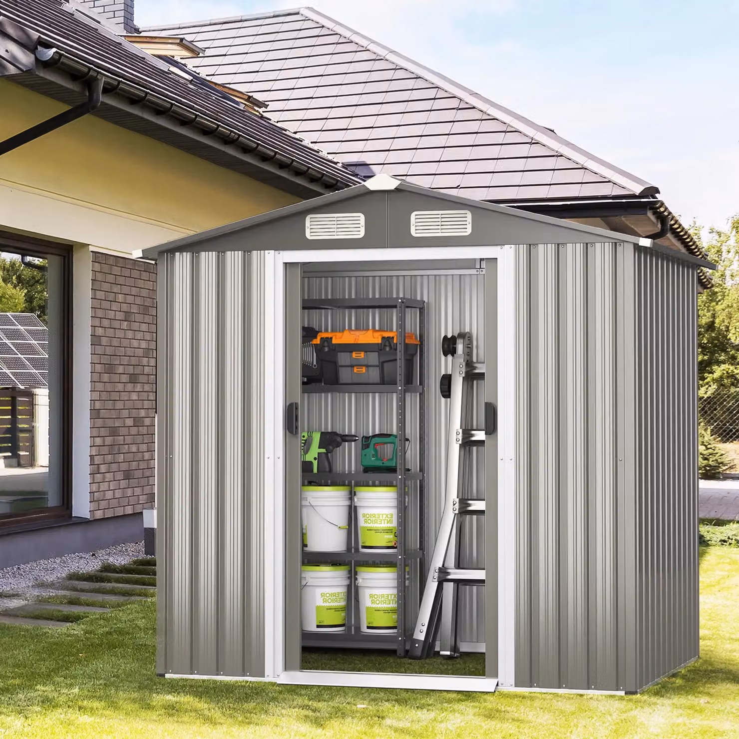 Gymax Galvanised Steel Outdoor Storage Shed with Lockable Sliding Door, Dark Grey, W: 182.88 cm, D: 129.0 cm, H: 186.0 cm – 4