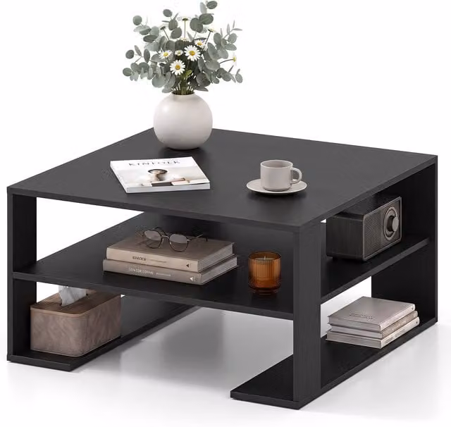 Costway Modern Compact Square Coffee Table with Storage in Grey and Black